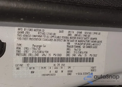 2014 Ford Focus Se из США, поврежденный, VIN 1FADP3F20EL403317